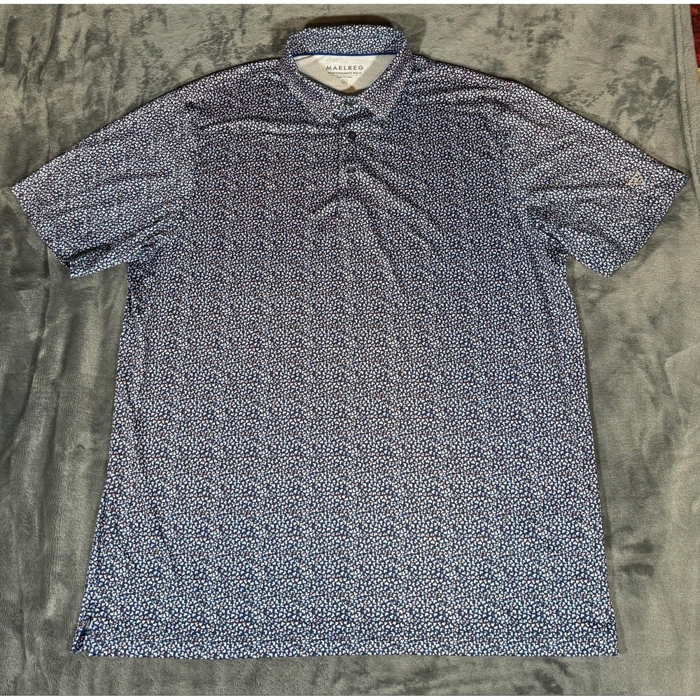 Maelreg Polo Shirt Mens XL Blue Geometric Print Golf Performance Stretch Jersey